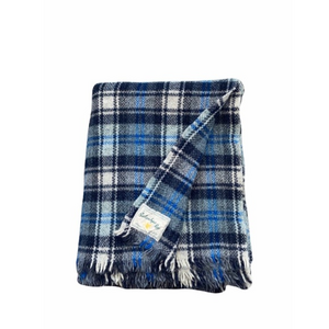 Ballantyne‎ Pure Wool Blue Plaid Checkered Fringe Vintage Throw Blanket